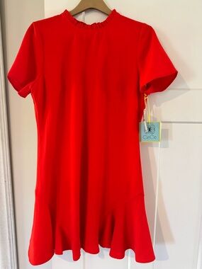 CeCe Red Orange Cherry pop color Ruffle-Neck Short-Sleeve Flounce Dress